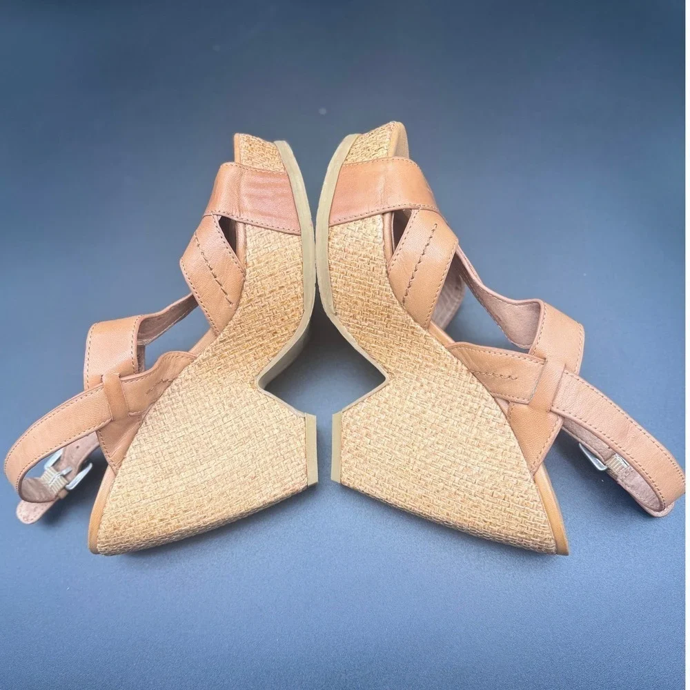 Biala Wedge Sandals Womens Tan Leather Woven Platform T-Strap Buckle Heel